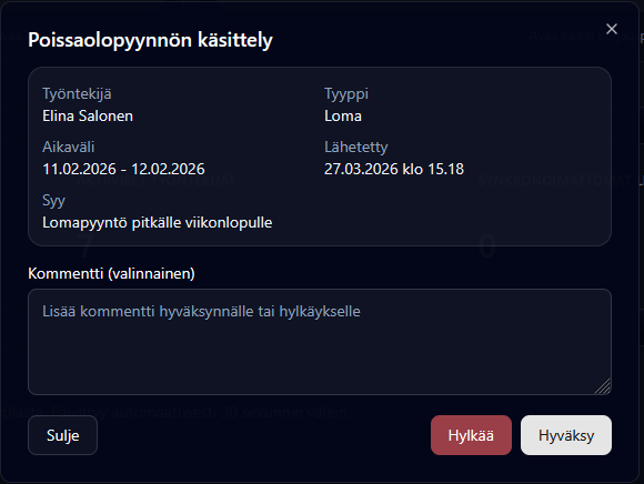 Solidius Shift, poissaolopyyntönäkymä